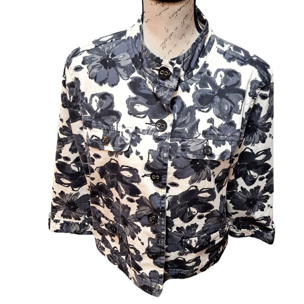Womens‎ Black & White Floral Denim Jacket Large - Retro 90s Cottage Preppy - Picture 3 of 9
